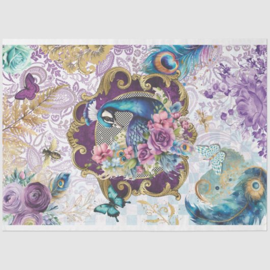 Regal Peacock Viktorianisch Ephemera Decoupage Pap Seidenpapier (Vorderseite)