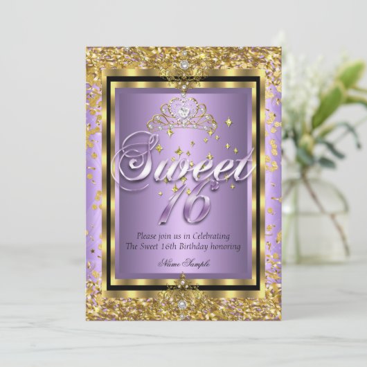 Regal Princess Sweet 16 Gold Lavender Lila Party Einladung (Stehend Vorderseite)