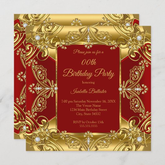 Regal Red Birthday Party Verziert Gold Imitate Dia Einladung (Vorne/Hinten)