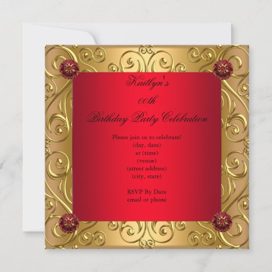 Regal Red Elegant Birthday Party Damask Gold Einladung (Vorderseite)