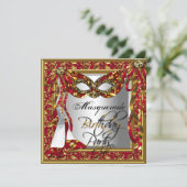 Regal Red Gold Damask Birthday Masquerade Party Einladung (Stehend Vorderseite)