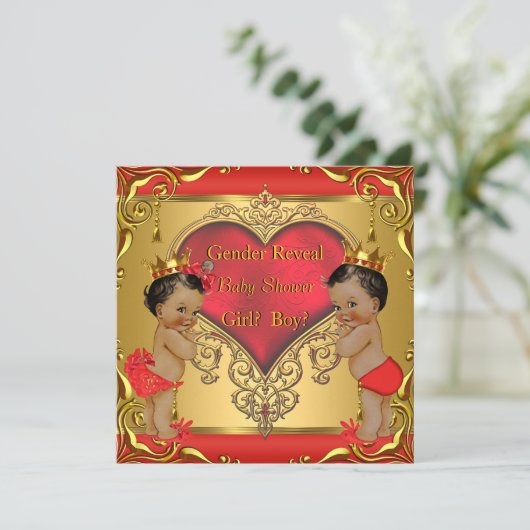 Regal Red Gold Gender Reveal Baby Shower Ethnic Einladung (Stehend Vorderseite)