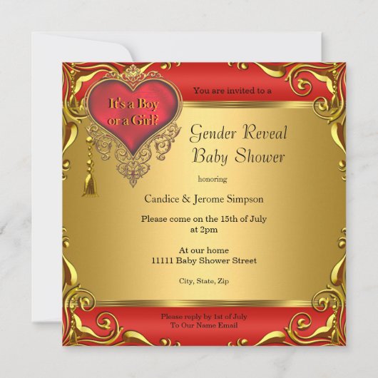 Regal Red Gold Gender Reveal Baby Shower Ethnic Einladung (Rückseite)