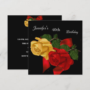 Regal Red Yellow Rose 40. Geburtstagsfeier Schwarz Einladung
