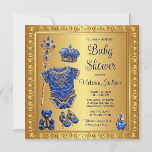 Regal Royal Blue Gold Prince Baby Dusche Einladung (Vorderseite)