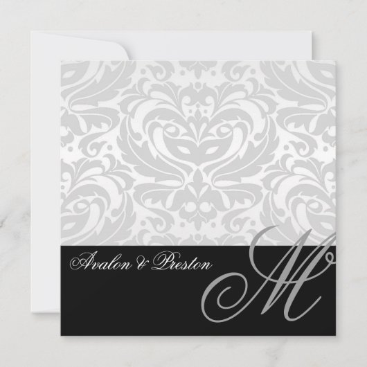 Regal Silver Monogram Damask Hochzeit Einladung (Vorderseite)