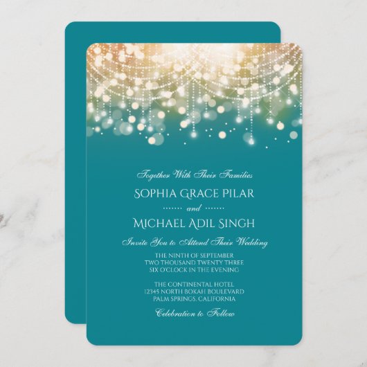 Regal Turquoise und Gold Bokeh Lights Einladung (Vorne/Hinten)