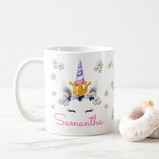 Regal Unicorn Princess Crown Rhinestones & Daisies Kaffeetasse (Mit Donut)