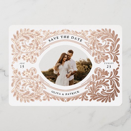 Regal verzierter Save the Date Foto Rahmen Folieneinladung (Vorderseite)