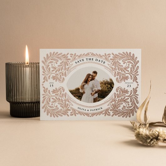 Regal verzierter Save the Date Foto Rahmen Folieneinladung