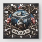 Regaladler mit Bergen und Fahnen Quadratische Wanduhr (Vorderseite)