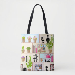 Regale mit Blume, Büchern und Dekorationen Tasche