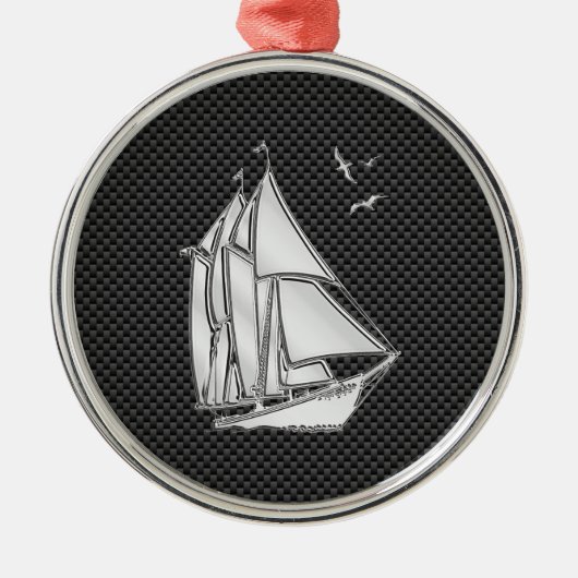 Regatta Sailboat auf Carbon Fibre Style Silbernes Ornament (Vorne)