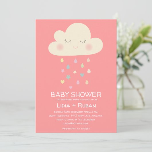 Regen Cloud Baby Dusche Einladung (Stehend Vorderseite)