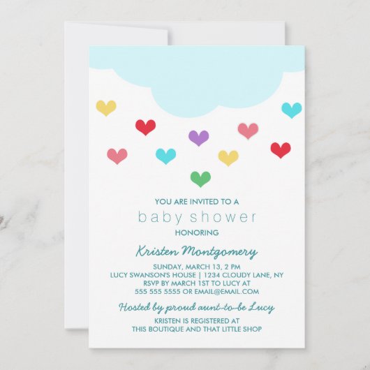 Regen Cloud & Hearts | Einladung der Babydusche (Vorderseite)