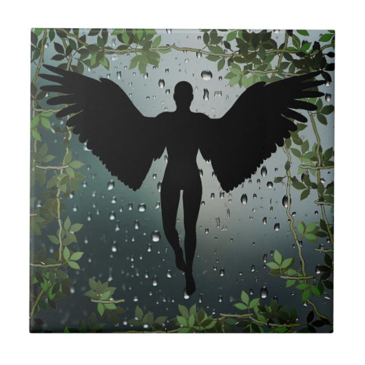 Regen Efeu Glas Engel Silhouette Fliese (Vorderseite)