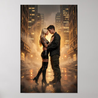 Regenbeleuchtete Liebende in einem goldenen Straße Poster