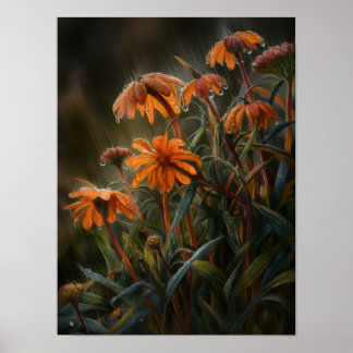 Regenbenetzte Ringelblumen Poster