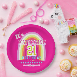 Regenbogen 21. Geburtstag Hot Pink Pappteller