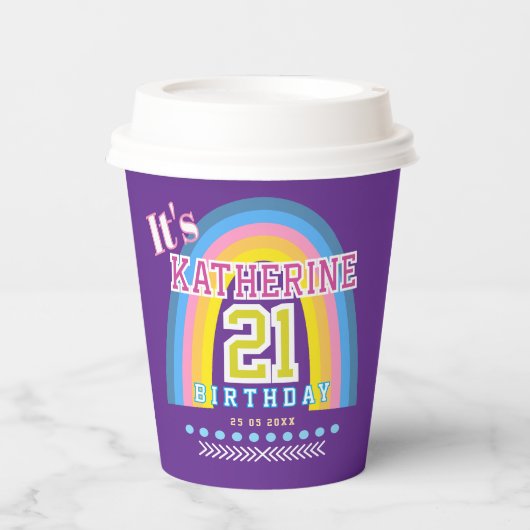 Regenbogen 21. Geburtstag Lila Pappbecher (Vorderseite)