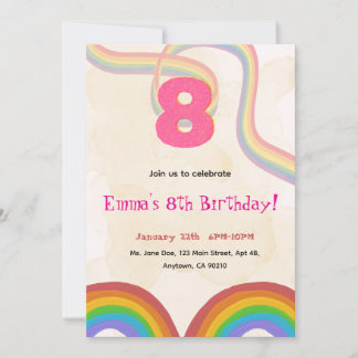 Regenbogen 8. Geburtstagsfeier, Rosa Mädchen Einla Einladung