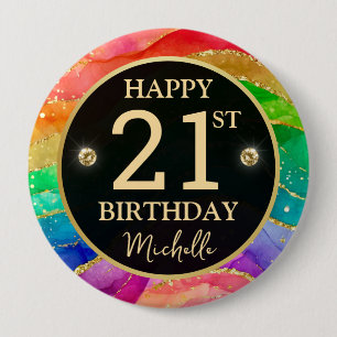 Regenbogen-Achat-Gold-Glitter-Geburtstagsabzeichen Button