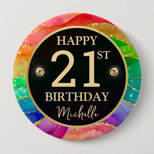 Regenbogen-Achat-Gold-Glitter-Geburtstagsabzeichen Button (Vorderseite)
