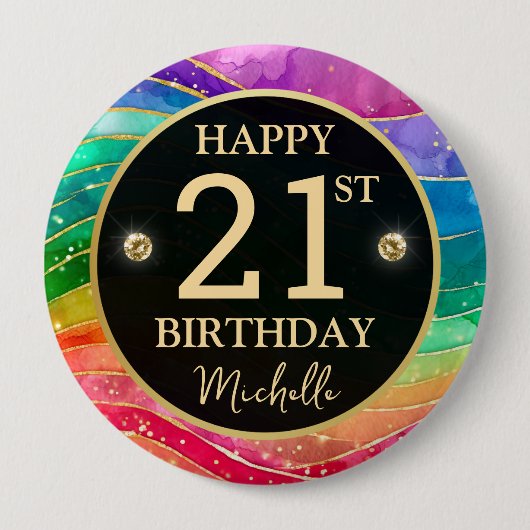 Regenbogen-Achat-Gold-Glitter-Geburtstagsabzeichen Button (Vorderseite)