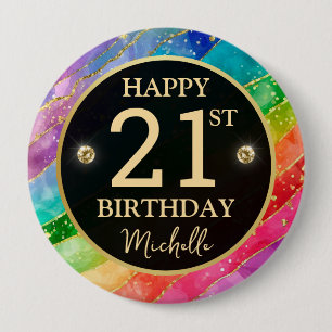 Regenbogen-Achat-Gold-Glitter-Geburtstagsabzeichen Button