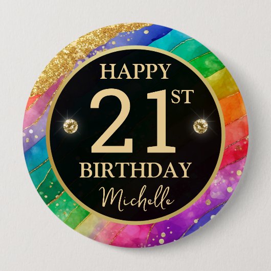 Regenbogen-Achat-Gold-Glitter-Geburtstagsabzeichen Button (Vorderseite)