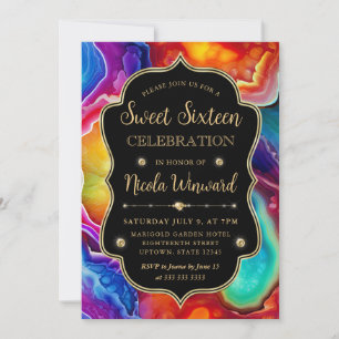 Regenbogen Achat Wirbel Elegant Schwarz Sweet 16 Einladung