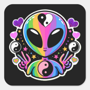 Regenbogen-Alien-Yin-Yang-Aufkleber Trippy-Fried Quadratischer Aufkleber