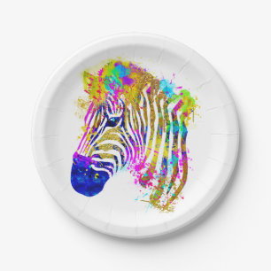 Regenbogen-Aquarell-Farbspritzer-Zebra-Grafik Pappteller