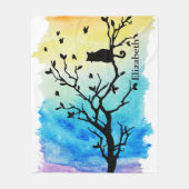 Regenbogen-Aquarell-Schwarz-Baumast mit Katze Fleecedecke (Vorderseite)