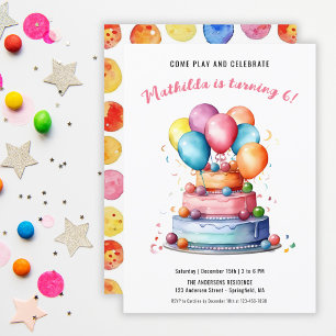 Regenbogen-Aquarell-Torte und Ballons Mädchen-Gebu Einladung