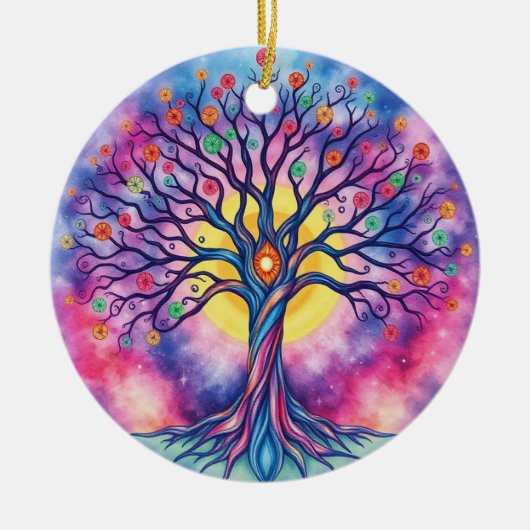 Regenbogen Aquarellbaum Keramik Ornament (Vorne)