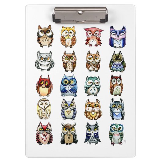 Regenbogen-Aquarelleulen und -katze Klemmbrett (Vorderseite)