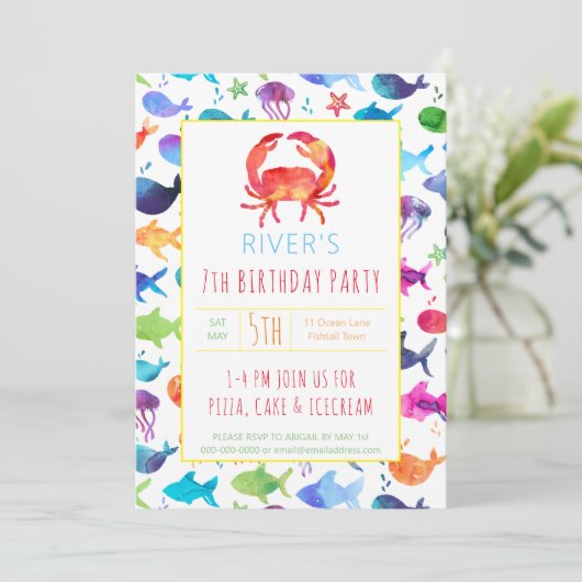 Regenbogen-Aquarellfisch unter Meereskrebs Einladung (Stehend Vorderseite)