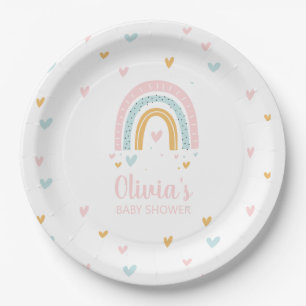 Regenbogen-Baby-Shower Pastellherzen Pappteller