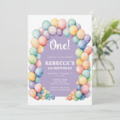 Regenbogen-Ballonbogen Geburtstag jedes Alters Einladung (Stehend Vorderseite)