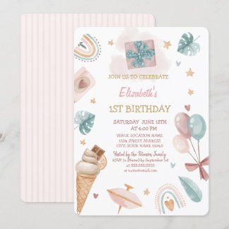 Regenbogen, Ballons, Eiscreme gestreift Geburtstag Einladung