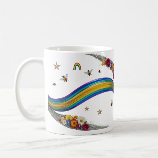 Regenbogen-Biene-Blumen-Glitter-Funkel-Klassischer Kaffeetasse (Links)