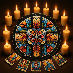 Regenbogen-Blumen-Buntglas-Kreuz  Große Wanduhr
