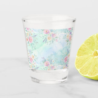 Regenbogen-Blumen-Pastell-Aquarell-Blau-Grün-Hinte Schnapsglas