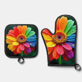 Regenbogen-Blüten-Kunst Ofenhandschuh & Topflappen-Set (Vorderseite)