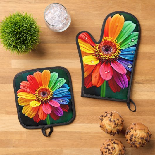 Regenbogen-Blüten-Kunst Ofenhandschuh & Topflappen-Set (Oben Unten)