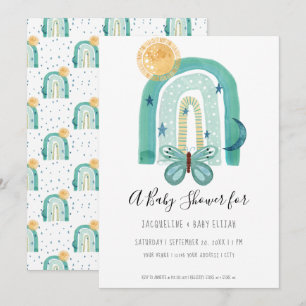 Regenbogen Boho Aquarell Modern Türkis Blau Sonne  Einladung