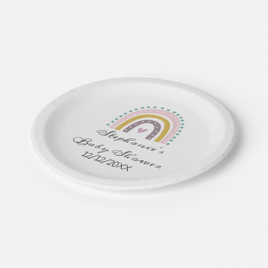 Regenbogen, Boho, rosa, Aquamarin, Herz, Babydusch Pappteller (Schrägansicht)