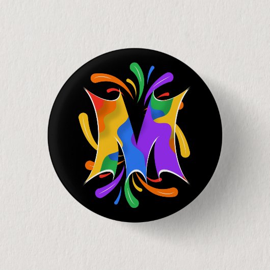Regenbogen-Buchstabe M-Monogramm abstrakt Button (Vorderseite)