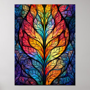 Regenbogen-Buntglasblätter mit lebendiger Botanik Poster